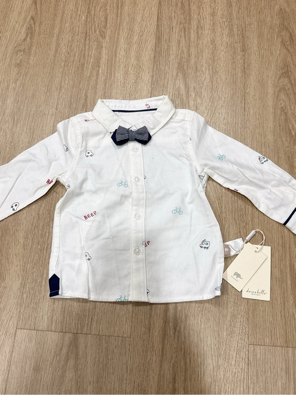 White Button-Up Shirt with Navy Bow Tie for Kids